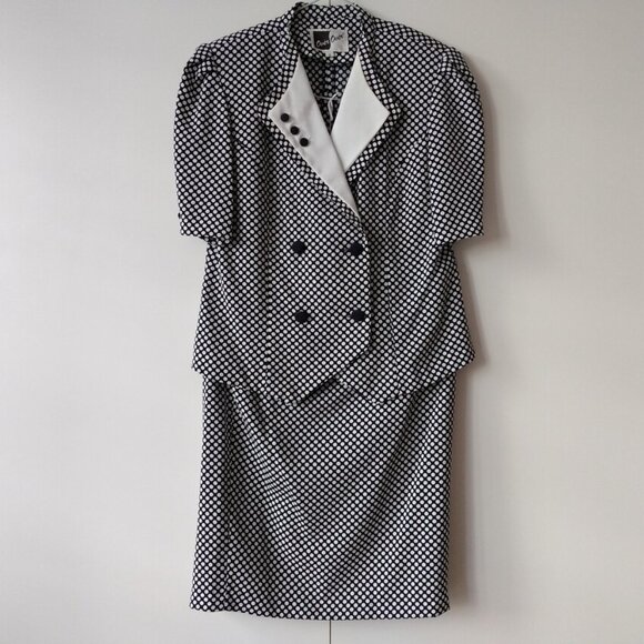 Vintage Dresses & Skirts - Vintage Top & Skirt Set Polka Dot Size 9 Blue White Two Piece Dress Suit